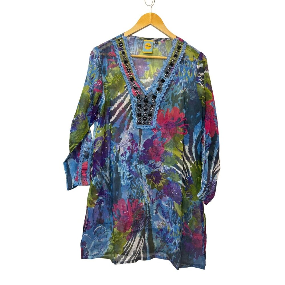 Sheer Floral‎ Womens Tunic Large Embellished Embroidered Slit Art to Wear Boho